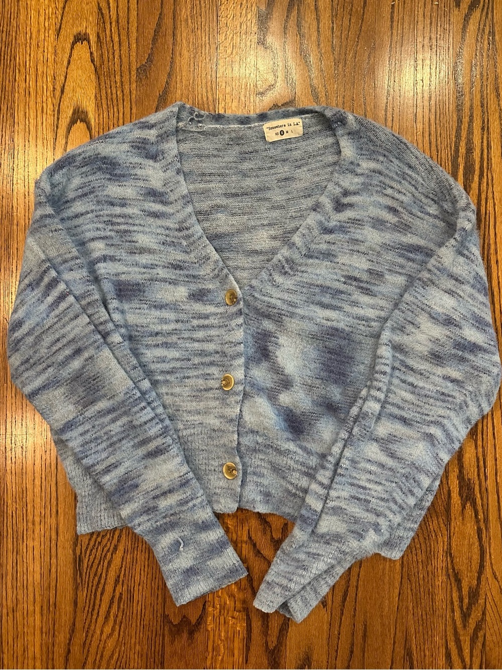 Somewhere in L.A. Button Down Blue Marled Fuzzy Knit Oversized Cardigan - Small